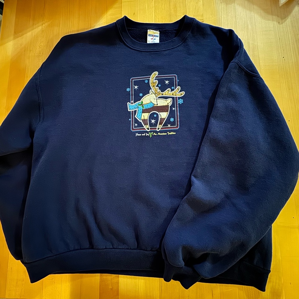 Vintage Jerzees Navy Blue Men's Crewneck Christmas Sweater with Moose Graphic